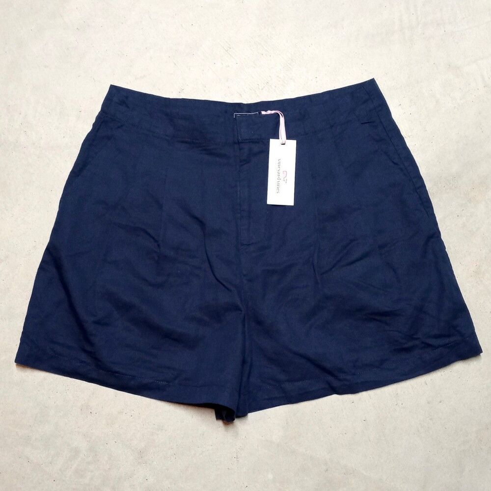 NWT Vineyard Vines 3" Skirty Shorts Womens Size 12 Navy Blue Linen Blend Pleated - Picture 1 of 9